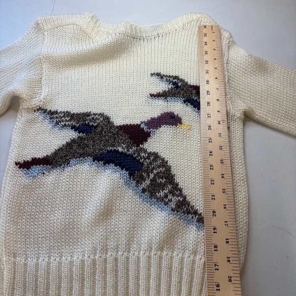 VTG 80s Women's Mallard Duck Boat Neck Sweater Cable Knit Sz M Ivory Pullover - Picture 9 of 10